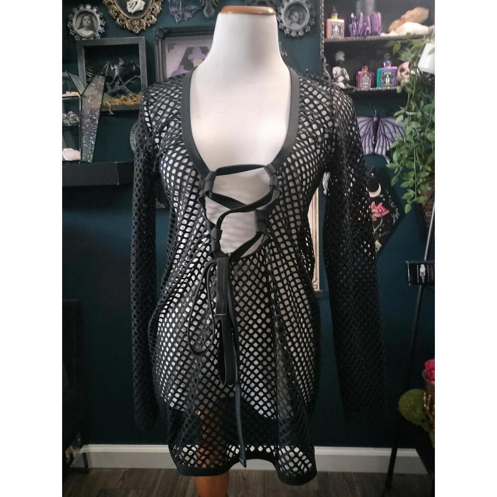 Fishnet black beach swim coverup lace up front